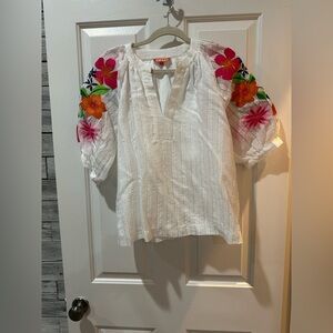 THML White Top with Colorful Floral Embroidered Sleeves